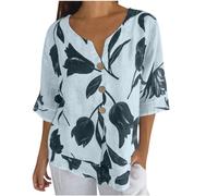 T Shirt en Coton Lin Femme Blouse avec Boutons Chemisier en Lin Manches 3/4 Couleur Unie Hauts Casual Col en V Tee Shirt Imprimé Fleuri Sexy Mode LâChe Respirant Chemise Tops d'été Doux Ample