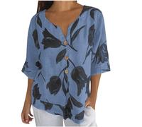 T Shirt en Coton Lin Femme Blouse avec Boutons Chemisier en Lin Manches 3/4 Couleur Unie Hauts Casual Col en V Tee Shirt Imprimé Fleuri Sexy Mode LâChe Respirant Chemise Tops d'été Doux Ample
