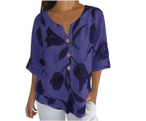 T Shirt en Coton Lin Femme Blouse avec Boutons Chemisier en Lin Manches 3/4 Couleur Unie Hauts Casual Col en V Tee Shirt Imprimé Fleuri Sexy Mode LâChe Respirant Chemise Tops d'été Doux Ample