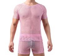 T-shirt en maille pour homme, débardeur transparent manches courtes résille, haut court de fête, col ras du cou fantaisie, ajusté maille t-shirt d'entraînement ajouré, maillot corps pour entraînement