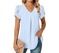 T-shirt en mousseline pour femme - Manches courtes - Élégant - Col en V - Couleur unie - Haut ample - Confortable, Bleu clair., L