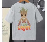 T-shirt en pur coton côtelé style collège, motif mignon de Groot, slogans de lettres, films et télévision, motifs de personnages de bandes dessinées imprimés au dos, printemps et été garçons/filles mê