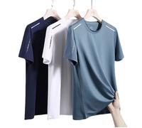 T-shirt en soie glacée ECELEN pour homme - Lot de 3 - Manches courtes - Séchage rapide et respirant - Blanc, bleu brume, bleu foncé XXXXL
