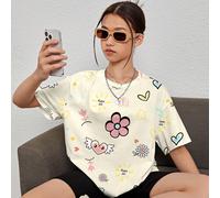 T-shirt en tricot ample et décontracté imprimé avec des cœurs, des fleurs et des visages souriants, amusant et graphique. Convient aux adolescentes, idéal pour l'été. 14Y,13Y,16Y,15YCartoon,Géométriqu
