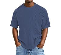 T-shirt en tricot décontracté texturé à col rond pour homme - Couleur unie - Manches courtes - Respirant - Élégant - Col en V - Graphique, bleu marine, 3XL