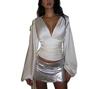 T-shirt enveloppant à col en V profond et manches longues froncé en satin à lacets pour femme - décontracté et élégant Y2K en soie coupe ajustée à nouer sur le devant, blanc, S