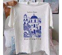 T-shirt femme 100% coton, imprimé Santorin Grèce, style décontracté, col rond et manches courtes, tenue d'été, coupe confortable, souvenir de voyage L,M,S,XL,XXLCartoon,graphique,Lettres,Tribal,Slogan