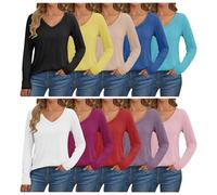 T-Shirt Femme 2025 à Col V et Manches Longues - Lot de 3/5/10, Confortable et Basique pour Tenue de Travail ou Quotidienne (FR/ES, Alpha/Lettres, M, Taille Normale, Taille Normale, 10pc-01)