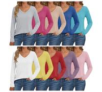 T-Shirt Femme 2025 à Col V et Manches Longues - Lot de 3/5/10, Confortable et Basique pour Tenue de Travail ou Quotidienne (FR/ES, Alpha/Lettres, 5TG, Taille Normale, Taille Normale, 10pc-02)