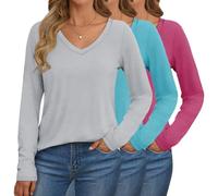 T-Shirt Femme 2025 à Col V et Manches Longues - Lot de 3/5/10, Confortable et Basique pour Tenue de Travail ou Quotidienne (FR/ES, Alpha/Lettres, XXL, Taille Normale, Taille Normale, 3pc-06)