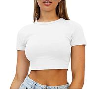 T-Shirt Femme à Crop Top Manches Courtes Blouse Sexy Chic Couleur Uni Fitting Basic Slim Fit Elastique Débardeur Chemisiers Col Rond Loose Shirt pour Femmes Tee Basic Shirt