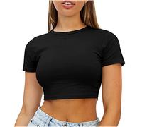 T-Shirt Femme à Crop Top Manches Courtes Blouse Sexy Chic Couleur Uni Fitting Basic Slim Fit Elastique Débardeur Chemisiers Col Rond Loose Shirt pour Femmes Tee Basic Shirt
