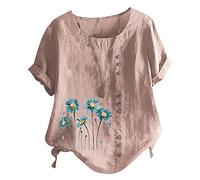 T-Shirt Femme à Manches Courtes Coton et Lin Hauts Chic et élégant Grande Taille Décontracté avec Bouton Col Rond Chemisier Ethnique Imprimé Floral Blouses de Mode Printemps et été Tunique