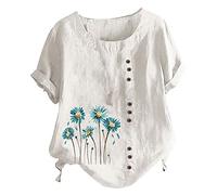 T-Shirt Femme à Manches Courtes Coton et Lin Hauts Chic et élégant Grande Taille Décontracté avec Bouton Col Rond Chemisier Ethnique Imprimé Floral Blouses de Mode Printemps et été Tunique