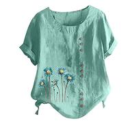 T-Shirt Femme à Manches Courtes Coton et Lin Hauts Chic et élégant Grande Taille Décontracté avec Bouton Col Rond Chemisier Ethnique Imprimé Floral Blouses de Mode Printemps et été Tunique