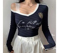 T-shirt femme à manches longues avec épaules dénudées, ornement nœud, bloc de couleurs contrastées et bordure côtelée, style sportif universitaire, vêtements d'automne L,M,S,XLBlocs de couleur,Lettres