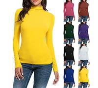 T-shirt femme à manches longues - Col roulé uni manches longues ajustées sous-vêtements chemisier ample hauts à manches longues sous-vêtements étirable T-shirt athlétique haut, jaune, XXL