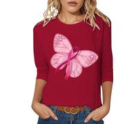 T-shirt femme accrocheur confortable haut col rond grande impression sur le devant T-shirt à manches courtes artiste féminin motif papillon dégradé t-shirt graphique été pour festival, Style-u07 rouge