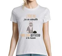 T-Shirt Femme Adorable Maine Coon Qui m'attend à la Maison | Collection pour Les Amoureux des Chats et félins | Humour Fun et drôleS L