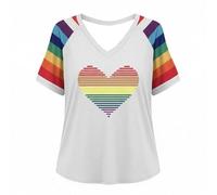 T-shirt Femme avec Impression Cœur Arc-en-Ciel et Manches Raglan Contrastantes - T-shirt Décontracté Col V avec Motif Pride | Haut Décontracté pour le Quotidien et les Loisirs, M