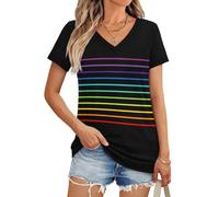 T-Shirt Femme Basique à Manches Courtes Col V, Imprimé Floral - Vendu à l'Unité ou en Lot (3/5/10 Pièces) (FR/ES, Alpha/Lettres, 4TG, Taille Normale, Taille Normale, Stripes04)