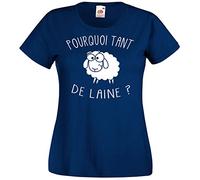 T-Shirt Femme Bleu Marine Pourquoi Tant de Laine ? Humour Mouton (XL)