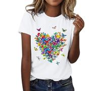T-Shirt Femme Chic en Coton Blanc - T-Shirt à Manches Courtes Col Rond - Imprimé Papillon - Taille Grande