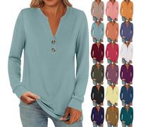 T-Shirt Femme Chic Et Elegant, Tee Shirt Manche Longue Femme Oversize, T-Shirt avec Bouton Tshirt Décontractés Haut Couleur Unie Top Col V Vêtements Courte Loungewear Outdoor Top Simple Tshirt