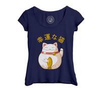 T-Shirt Femme Col Echancré Maneki-Neko Chat Japon Asie Culture Chine Porte Bonheur