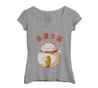T-Shirt Femme Col Echancré Maneki-Neko Chat Japon Asie Culture Chine Porte Bonheur