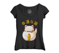 T-Shirt Femme Col Echancré Maneki-Neko Chat Japon Asie Culture Chine Porte Bonheur