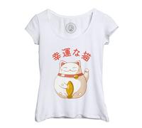 T-Shirt Femme Col Echancré Maneki-Neko Chat Japon Asie Culture Chine Porte Bonheur