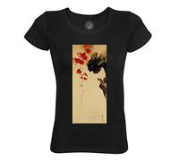 T-Shirt Femme Col Rond Estampe Japonaise 18 Petit Oiseau et Feuilles de Lierre Rouge Art Délicat Original Vintage