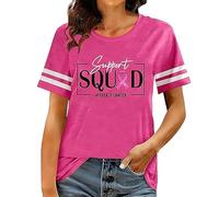 T-Shirt Femme Col Rond Manches Courtes, Tee Shirt Imprimé « Support Squad » avec Ruban et Texte « #Breast Cancer », Manches à Bandes Sport, Haut Sensibilisation Octobre Rose