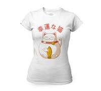 T-Shirt Femme Col Rond Maneki-Neko Chat Japon Asie Culture Chine Porte Bonheur