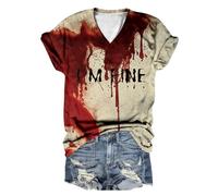 T Shirt Femme Col V Deguisement Halloween Femme Bloody Horror Tee Shirt Halloween Femmes Blood à Manches Courtes T-Shirts Vampire Déguisement Costume Zombie Probleme Resolu Tshirts Sang