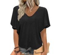 T-Shirt Femme Col V Hauts Manches Courtes Femmes Tee Shirt Grande Taille Couleur Unie Tops Chic et Élégant Tops Manches Chauve-Souris Coupe Ample Blouse à La Mode Lâche Respirant