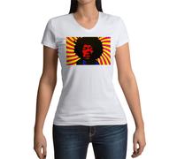 T-Shirt Femme Col V Jimi Hendrix Rock 70's Vintage Psychedelique Portrait
