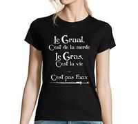 T-Shirt Femme col V Le Gras C'est la Vie, Le Graal C'est de la Merde | Citation Humoristique Kaamelott | pour Les Fans de Karadoc Série TV | Tee Shirt drôle et Fun imprimé en France -M