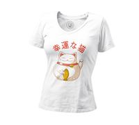 T-Shirt Femme Col V Maneki-Neko Chat Japon Asie Culture Chine Porte Bonheur