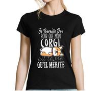 T-Shirt Femme - Corgi - Je Travaille Dur - Noir - Manches Courtes - Col Arrondi M