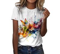 T Shirt Femme Coton Blanc T Shirts Pas Cher T-Shirt À Manches Courtes Col Rond Tee Shirt Chic Coton T-Shirts Imprimé Top Tunique Ete Grande Taille T Shirt avec Motif Papillons Blouse Hauts