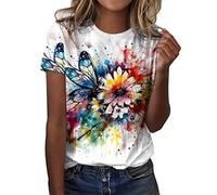 T Shirt Femme Coton Blanc T Shirts Pas Cher T-Shirt À Manches Courtes Col Rond Tee Shirt Chic Coton T-Shirts Imprimé Top Tunique Ete Grande Taille T Shirt avec Motif Papillons Blouse Hauts