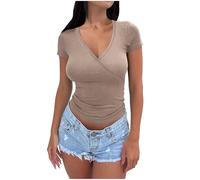 T Shirt Femme Coupe Slim Tshirt à Manches Courtes Été Tee Shirt Cache-Coeur Mode Col en V Plissée T-Shirts Décontracté Couleur Unie Hauts D'été