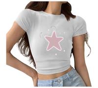 T-shirt femme court Y2K à cinq branches imprimé étoile blouse personnalité crop tops ventre nu haut col rond manches courtes t-shirt vintage étoile motif tunique gothique punk été chemise streetwear
