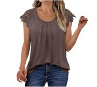 T Shirt Femme Coutures en Dentelle Tee Shirt Dentelle Manches Courtes Tshirt Couleur Unie Plissée Blouse Décontracté Col Rond Tshirt Léger T-Shirt D'été Ample et Confortables Hauts