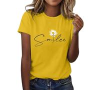 T Shirt Femme Élégant Manches Courtes, T-Shirt Blanc Été Léger T-shirts avec Écrits Simpatiques Décontracté Classique Chemise grande taille Vintage Blouse Drôle Basic Tee Top Signature Sport, jaune