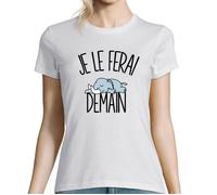 T-shirt Femme - Éléphant - Je le ferai demain - Col rond - Manches courtes - Coton blanc S