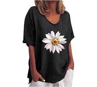 T-Shirt Femme en Coton et Lin Été Chemisier Chic T-Shirts Blouse Col Rond Tops Manches 3/4 T Shirt Vintage à Imprimé Floral Chemise Coupe Ample Coton Lin Hauts Décontractée Bureau Professionnel