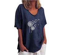 T-Shirt Femme en Coton et Lin Été Chemisier Chic T-Shirts Blouse Col Rond Tops Manches 3/4 T Shirt Vintage à Imprimé Floral Chemise Coupe Ample Coton Lin Hauts Décontractée Bureau Professionnel